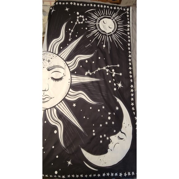Wall Hanging Moons Stars Celestial Mystical Black White Yin Yang Zen Boho 51x58" - Picture 1 of 3
